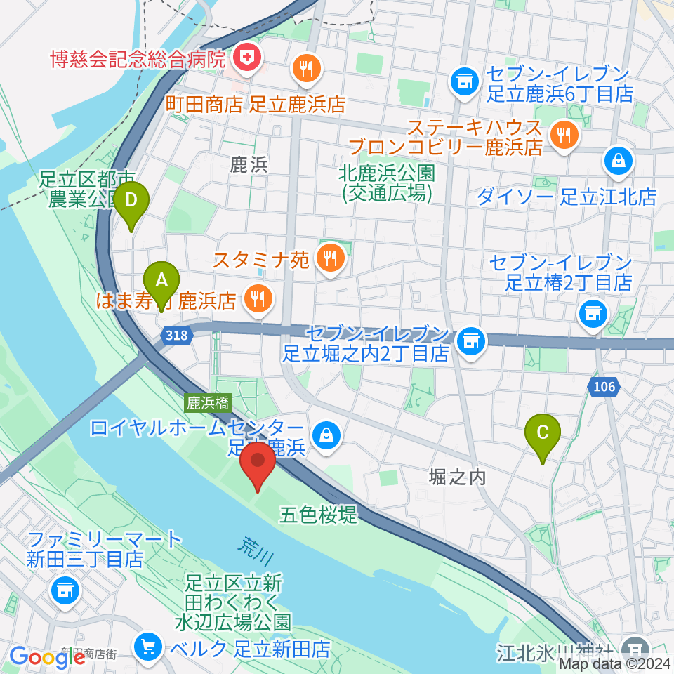 鹿浜橋緑地球技場周辺のホテル一覧地図