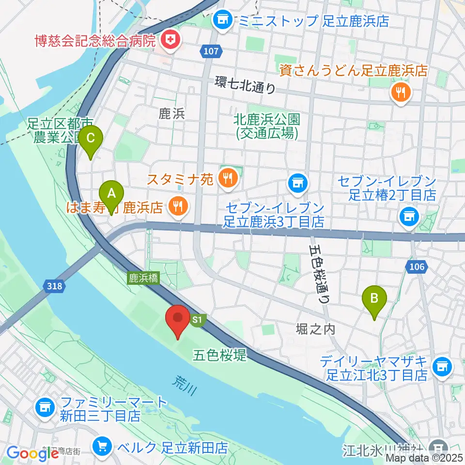 鹿浜橋緑地球技場周辺のホテル一覧地図