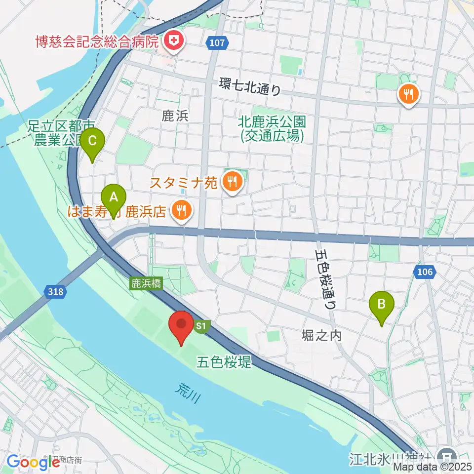 鹿浜橋緑地球技場周辺のホテル一覧地図