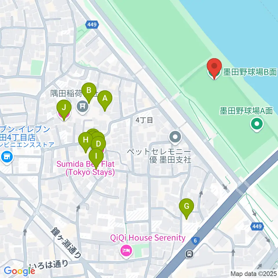 墨田野球場周辺のホテル一覧地図
