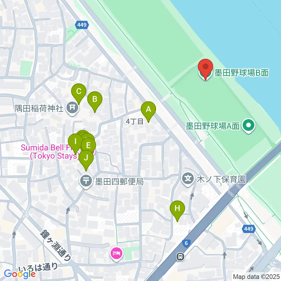 墨田野球場周辺のホテル一覧地図