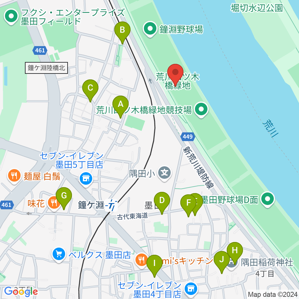 荒川四ツ木橋緑地野球場周辺のホテル一覧地図