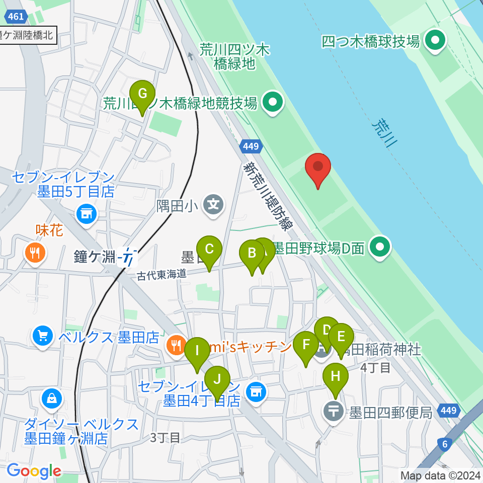 荒川四ツ木橋緑地球技場周辺のホテル一覧地図