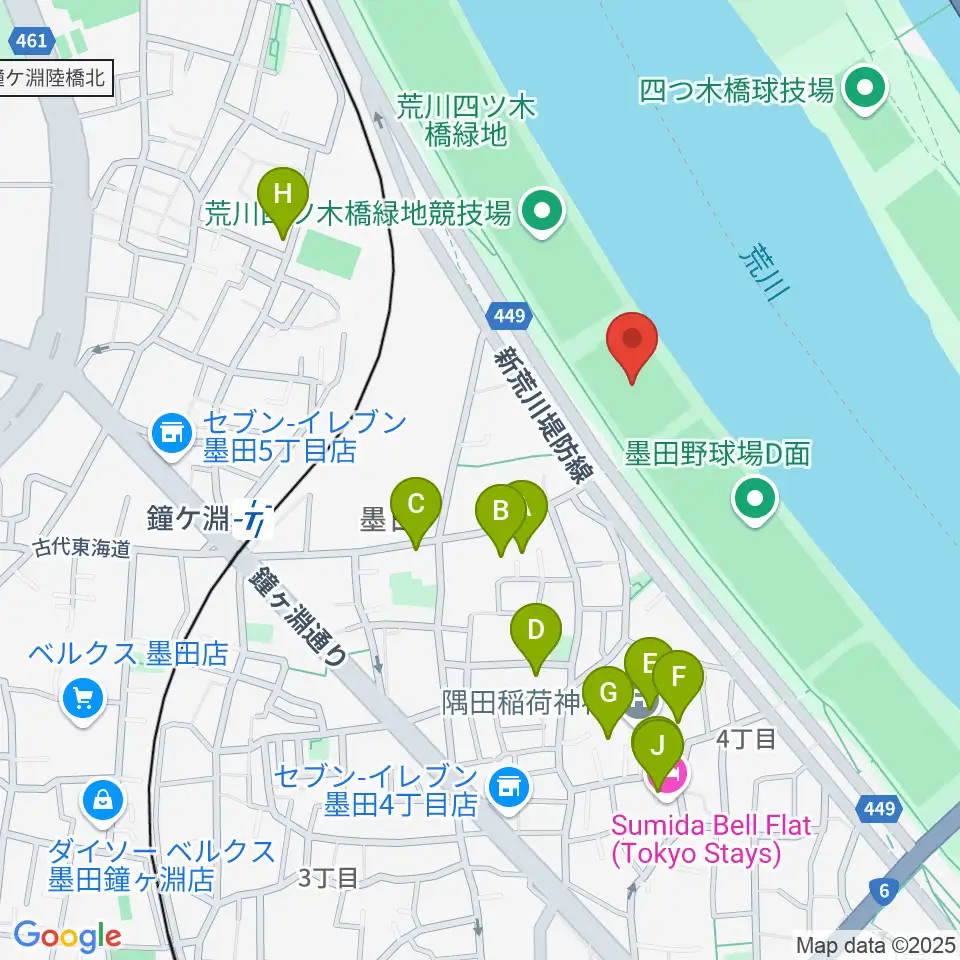 荒川四ツ木橋緑地球技場周辺のホテル一覧地図