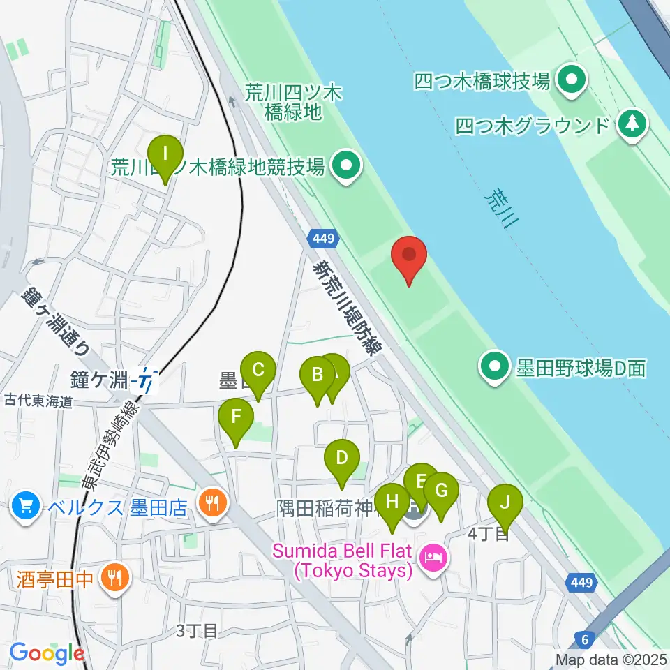 荒川四ツ木橋緑地球技場周辺のホテル一覧地図