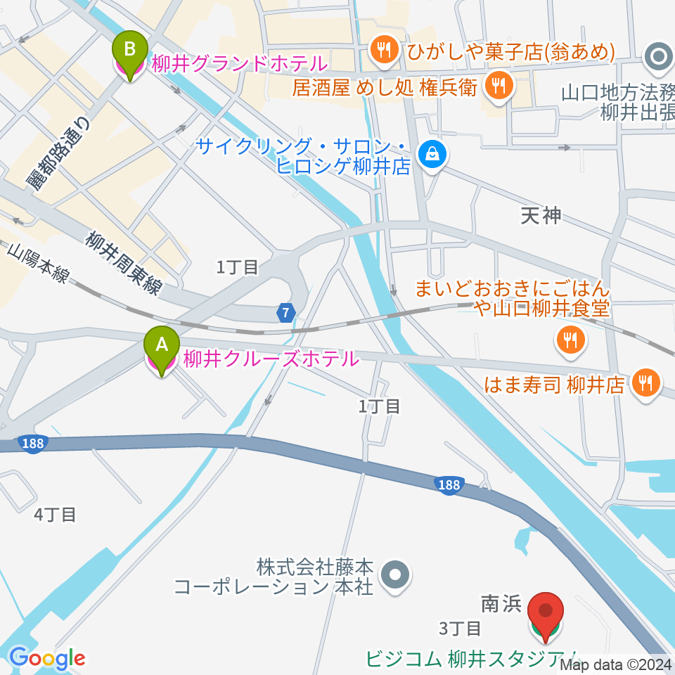 ビジコム柳井スタジアム周辺のホテル一覧地図