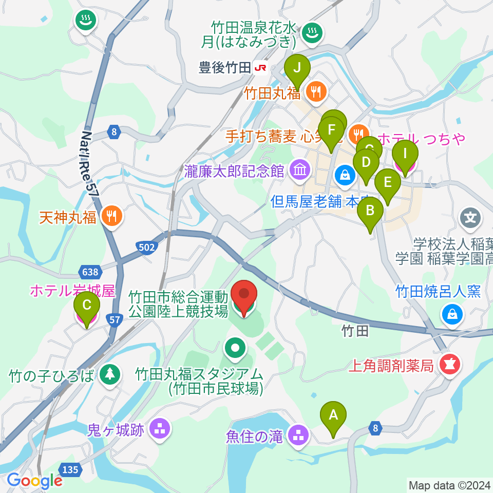 竹田丸福陸上競技場周辺のホテル一覧地図