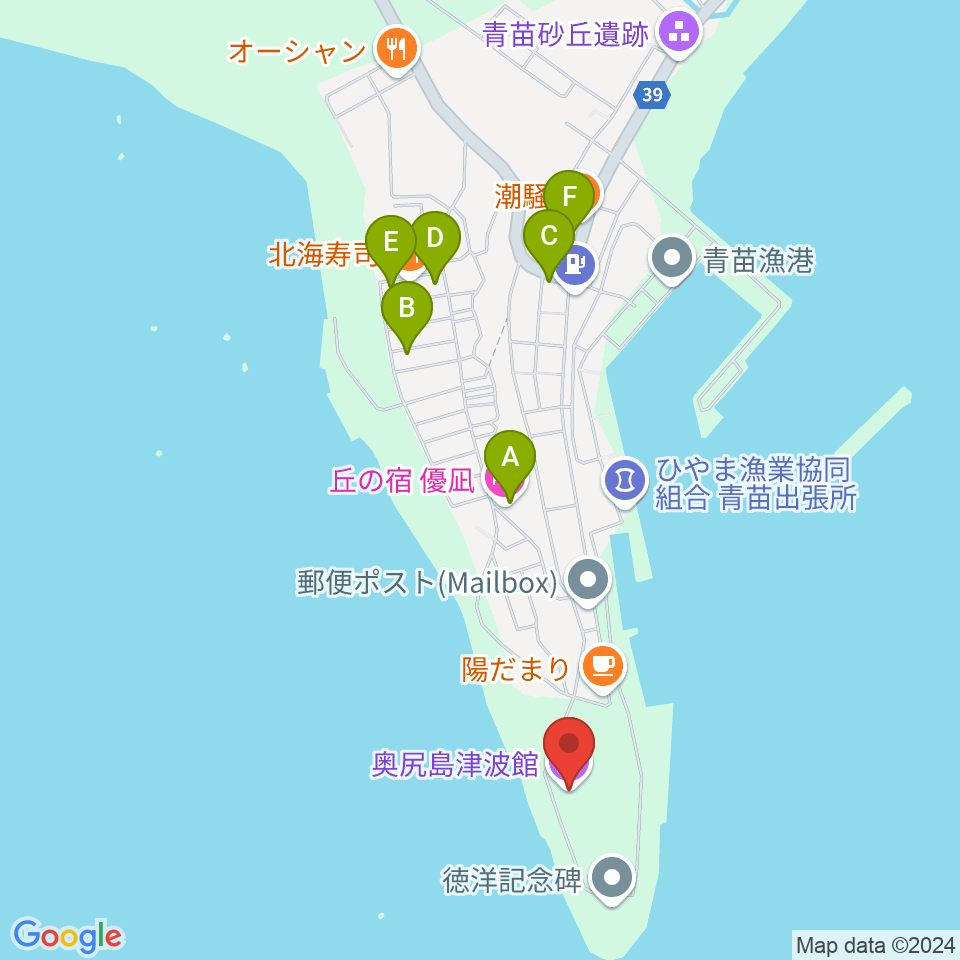 奥尻島津波館周辺のホテル一覧地図