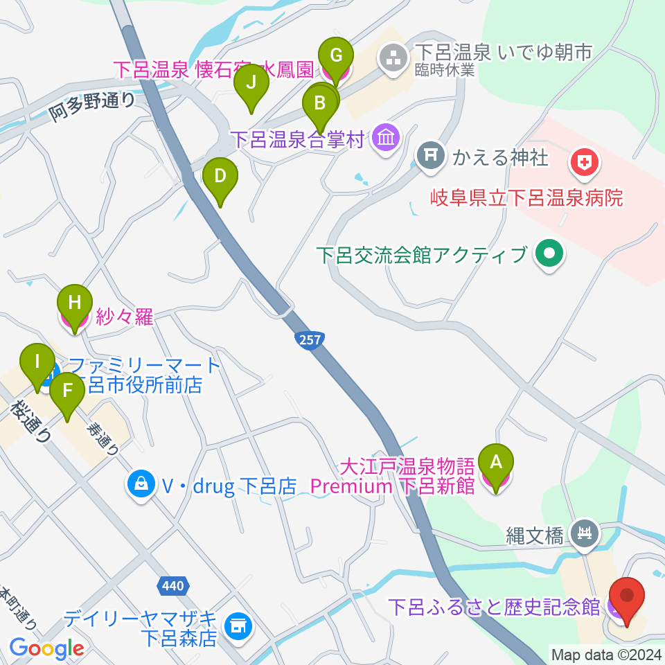 下呂ふるさと歴史記念館周辺のホテル一覧地図