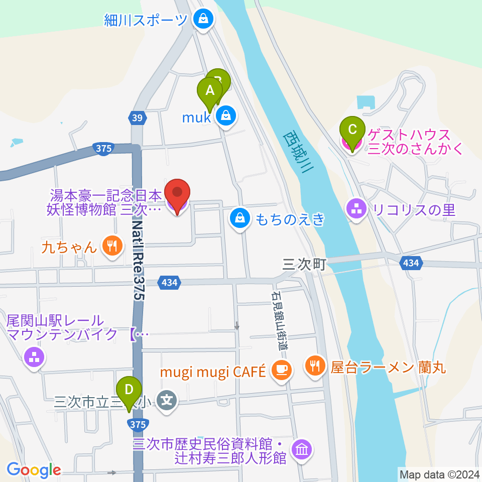 湯本豪一記念日本妖怪博物館（三次もののけミュージアム）周辺のホテル一覧地図