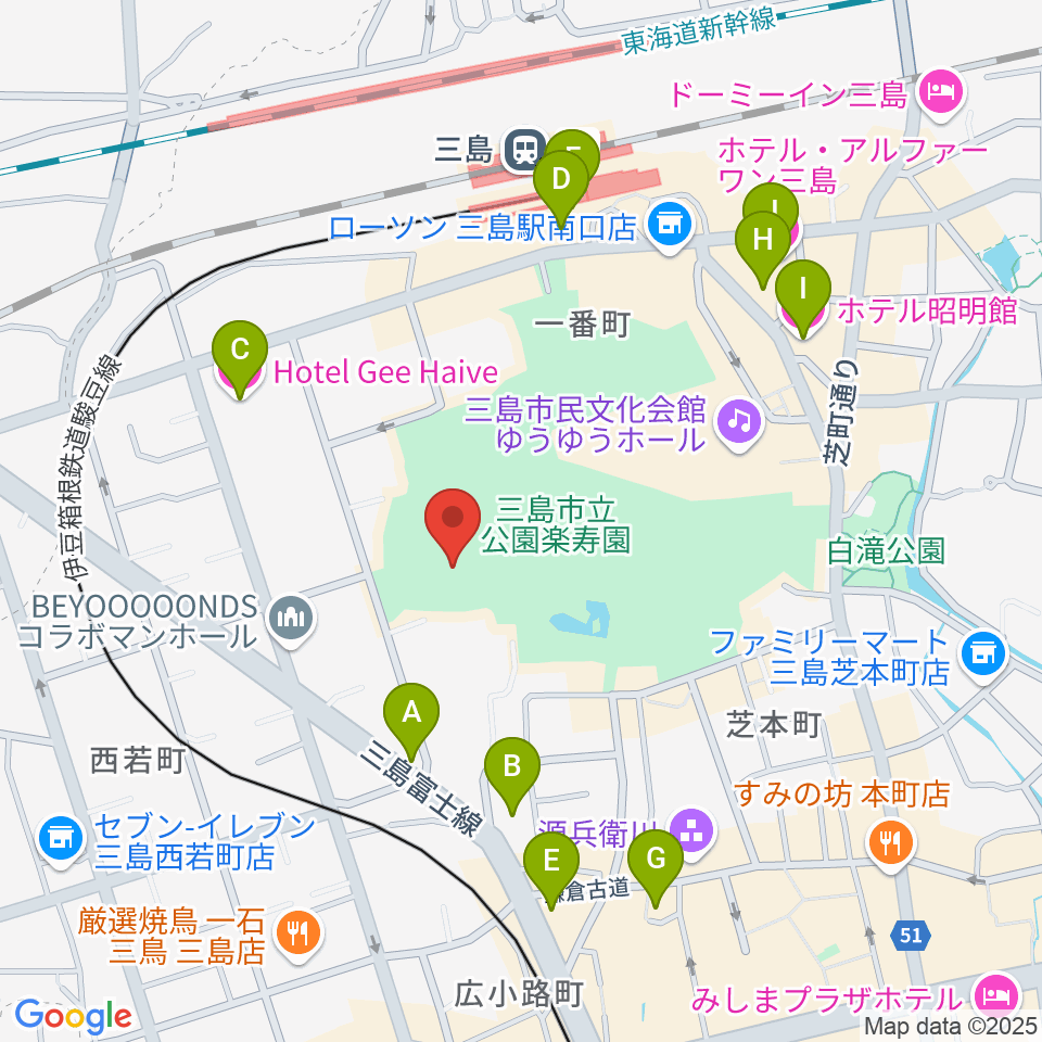 三島市郷土資料館周辺のホテル一覧地図