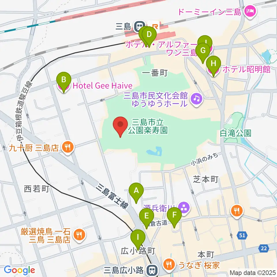 三島市郷土資料館周辺のホテル一覧地図
