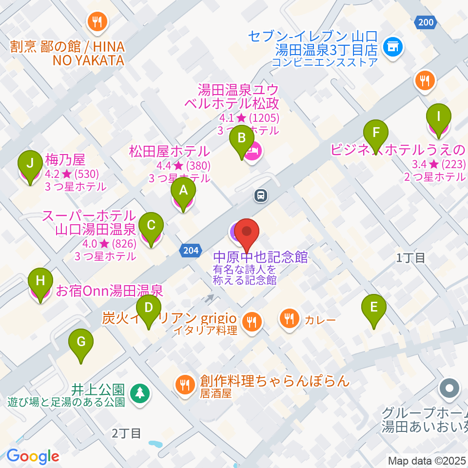 中原中也記念館周辺のホテル一覧地図