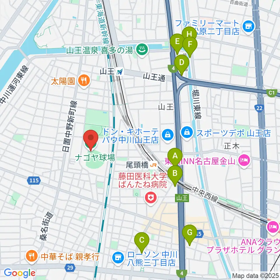 ナゴヤ球場周辺のホテル一覧地図