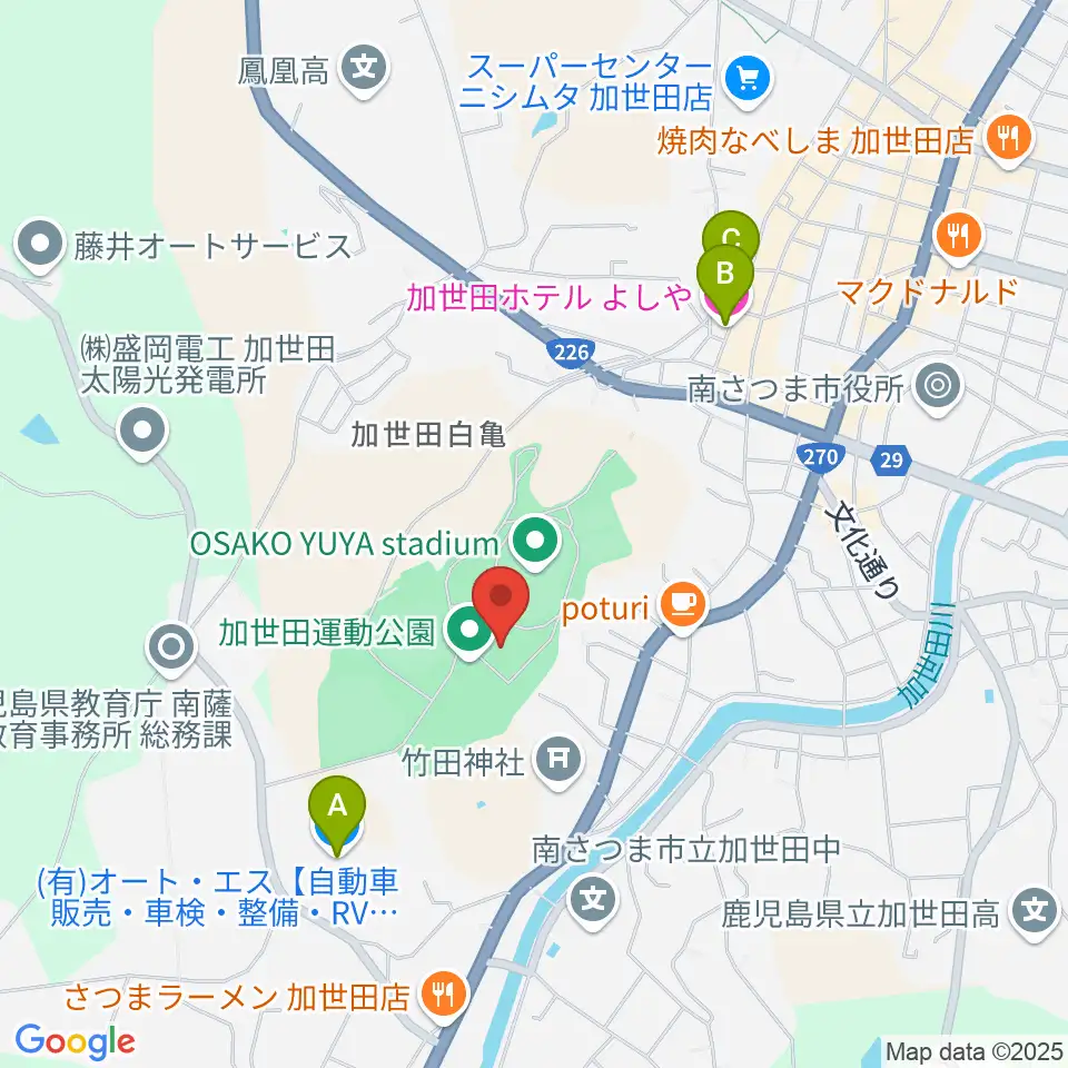 南さつま市加世田運動公園体育館周辺のホテル一覧地図