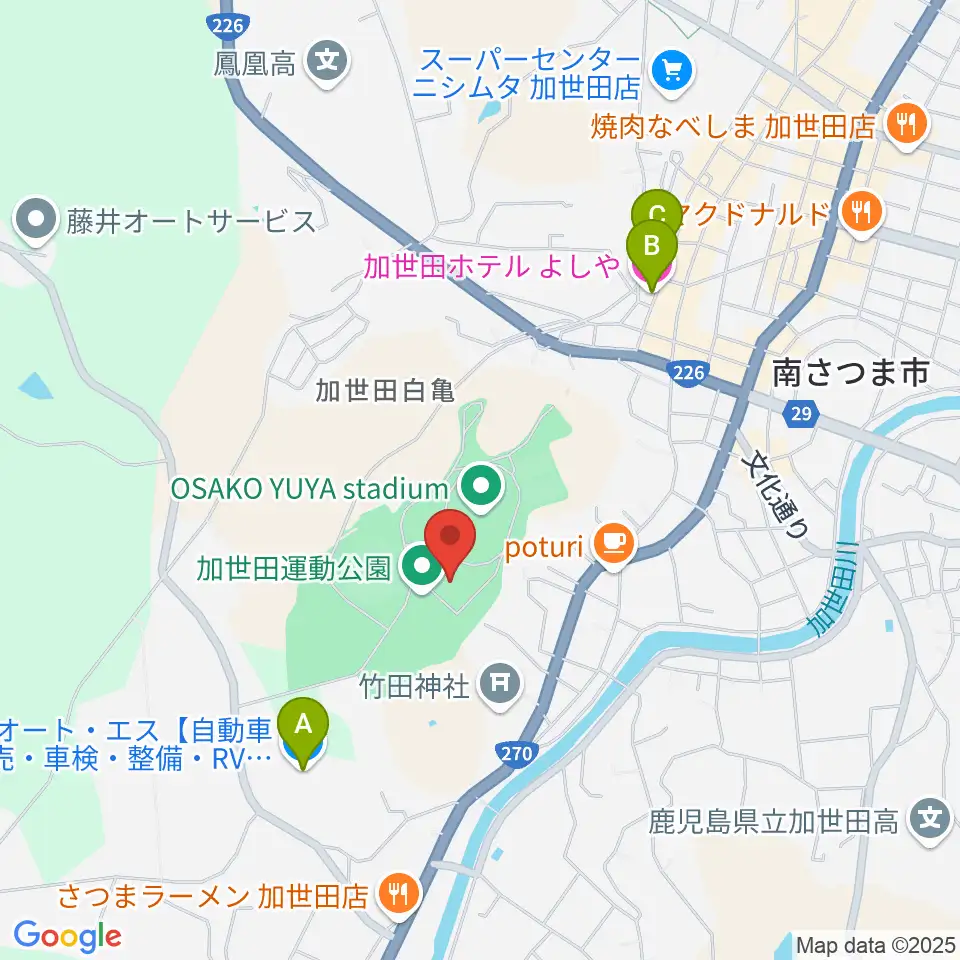 南さつま市加世田運動公園体育館周辺のホテル一覧地図