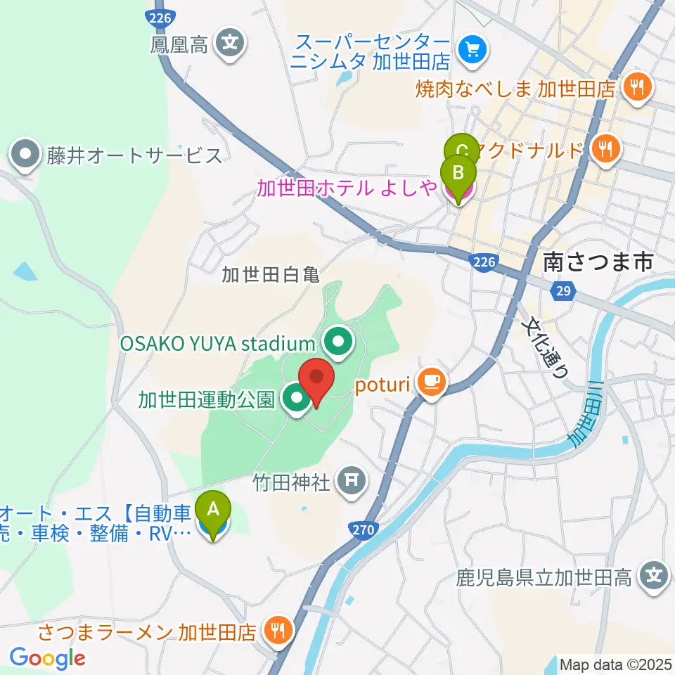 南さつま市加世田運動公園体育館周辺のホテル一覧地図