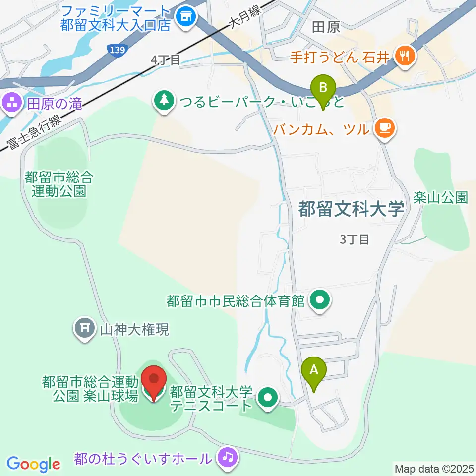 都留市総合運動公園楽山球場周辺のホテル一覧地図