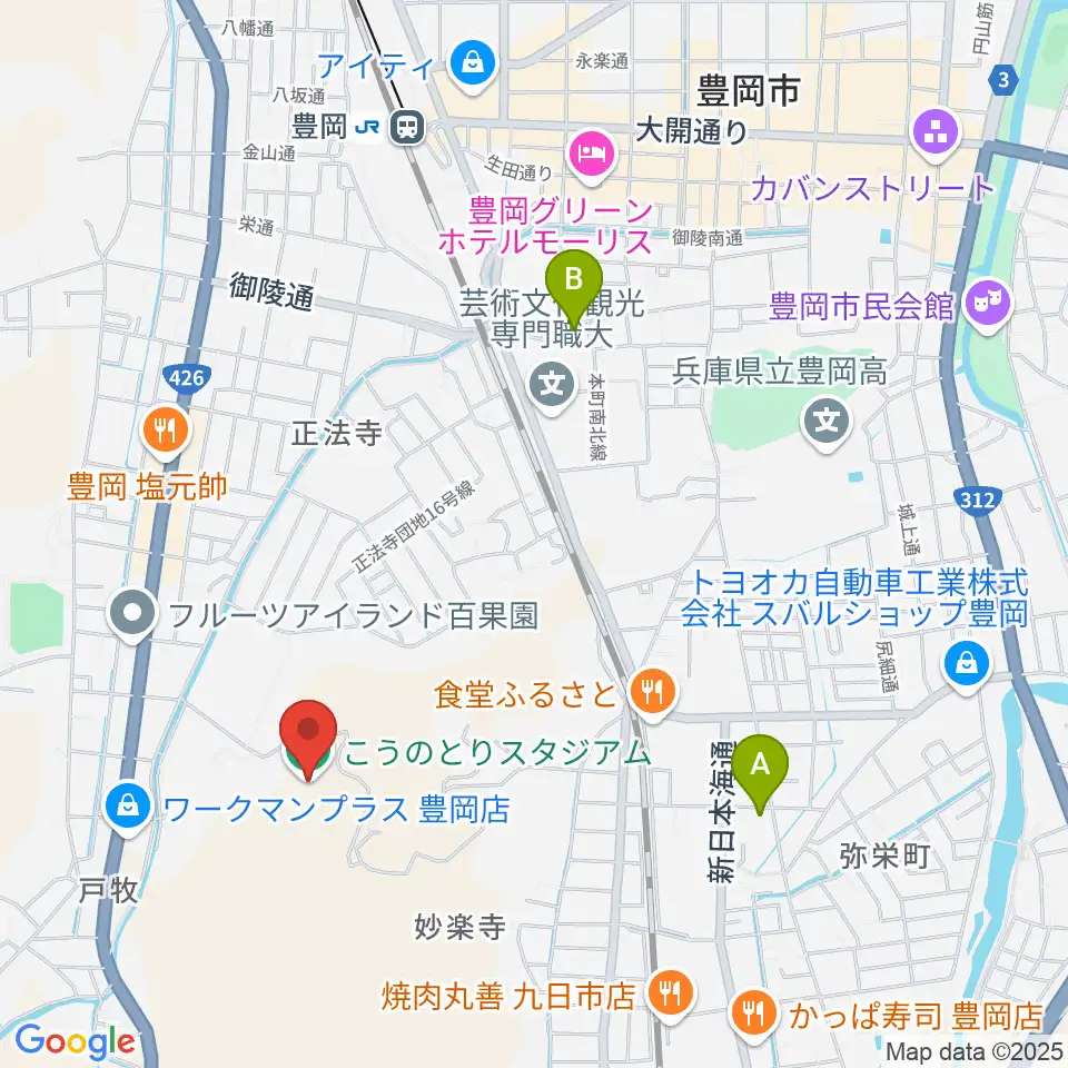 こうのとりスタジアム周辺のホテル一覧地図