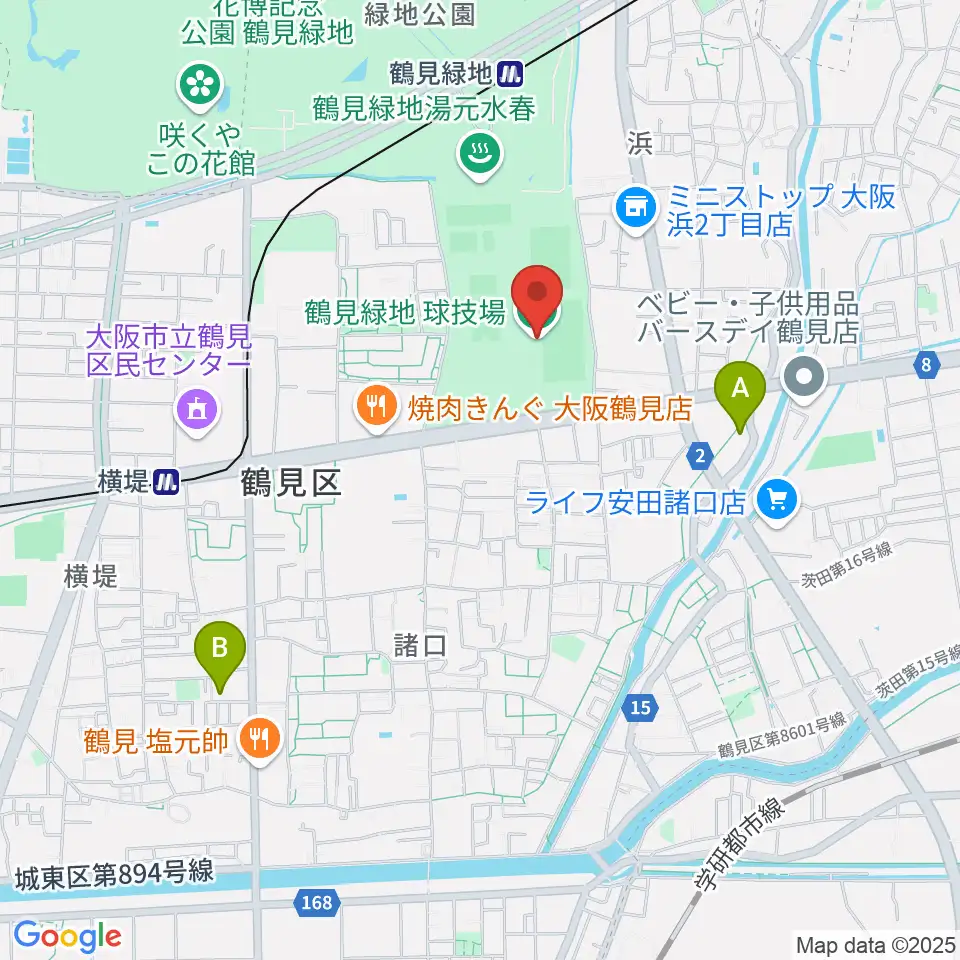 鶴見緑地球技場周辺のホテル一覧地図