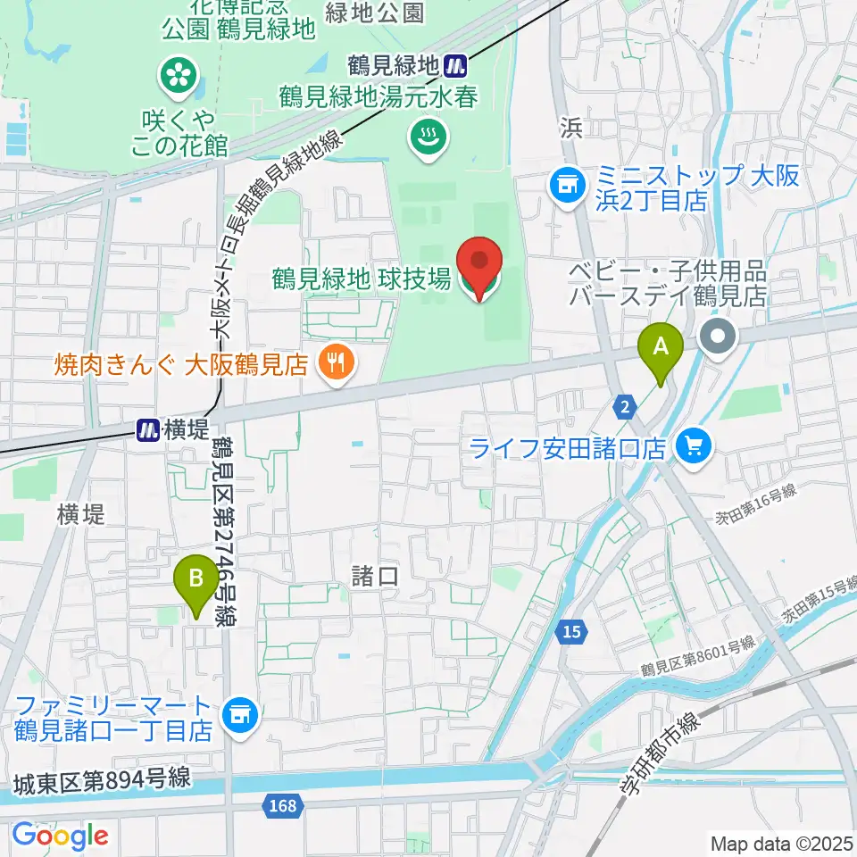 鶴見緑地球技場周辺のホテル一覧地図