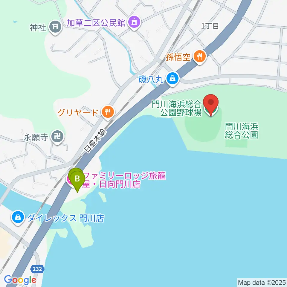 門川海浜総合公園野球場周辺のホテル一覧地図