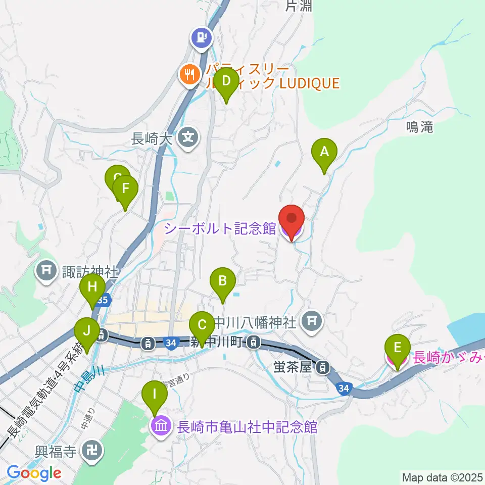 シーボルト記念館周辺のホテル一覧地図