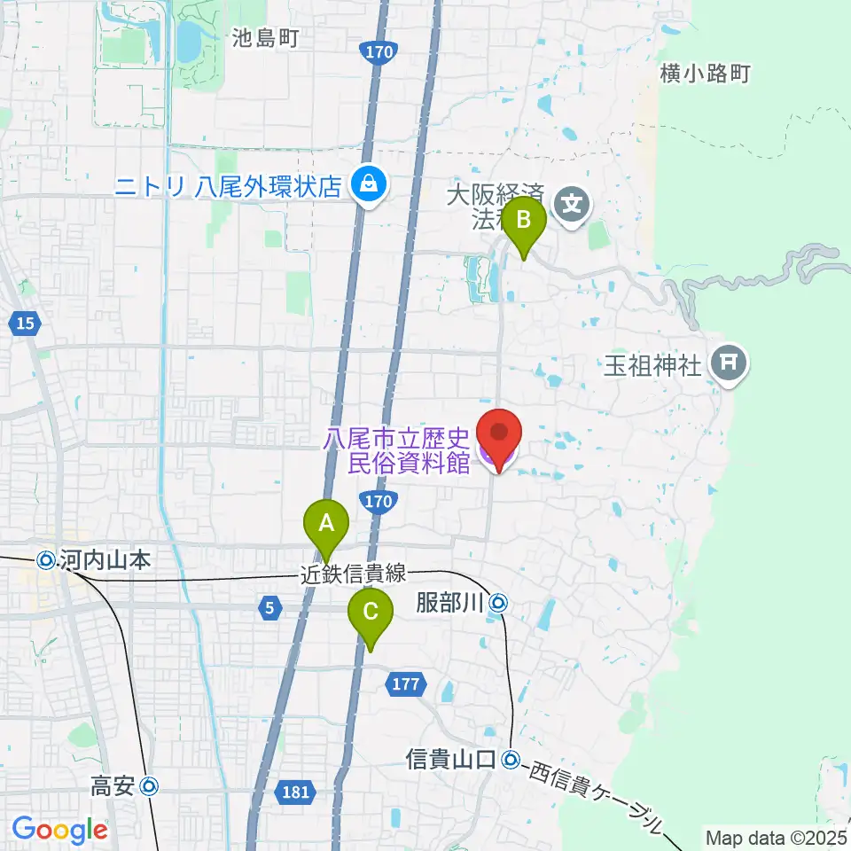 八尾市立歴史民俗資料館周辺のホテル一覧地図
