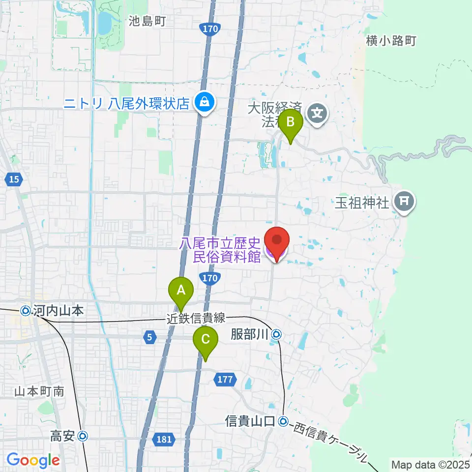 八尾市立歴史民俗資料館周辺のホテル一覧地図