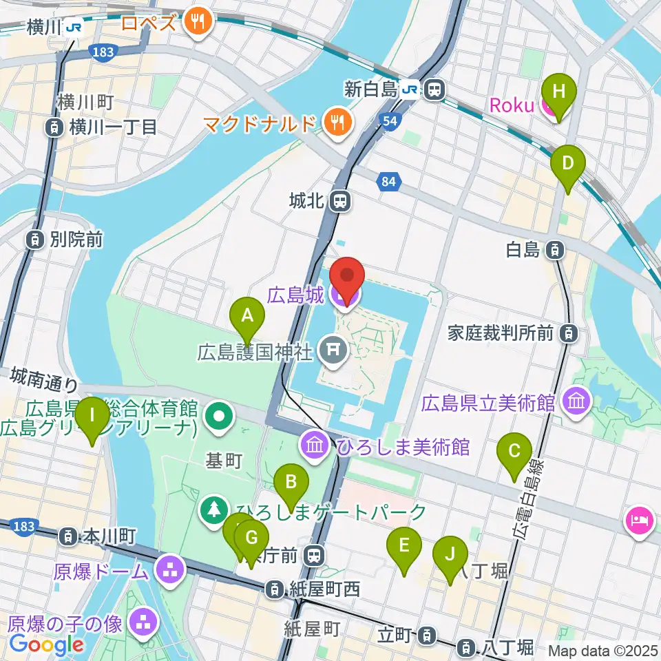 広島城天守周辺のホテル一覧地図