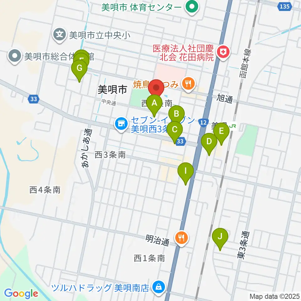 美唄市郷土史料館周辺のホテル一覧地図