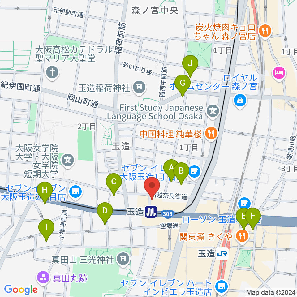 玉造ギタースクール周辺のホテル一覧地図