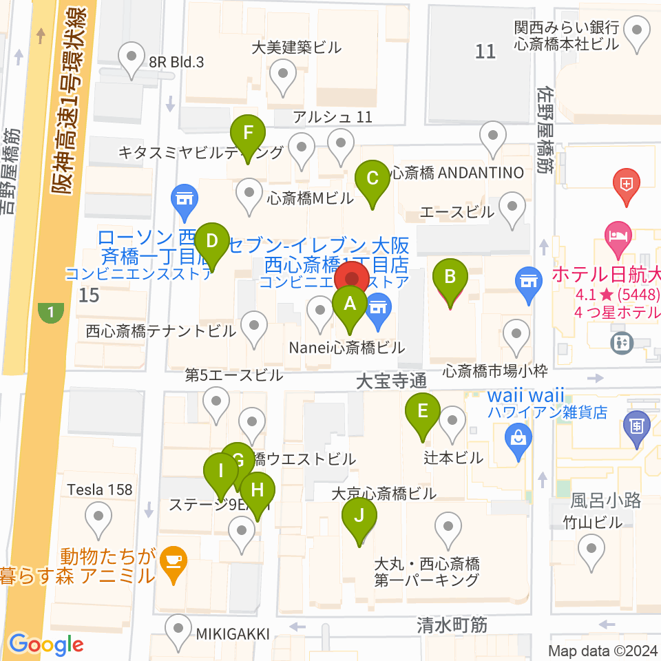 ジャパンギタースクール 心斎橋校周辺のホテル一覧地図