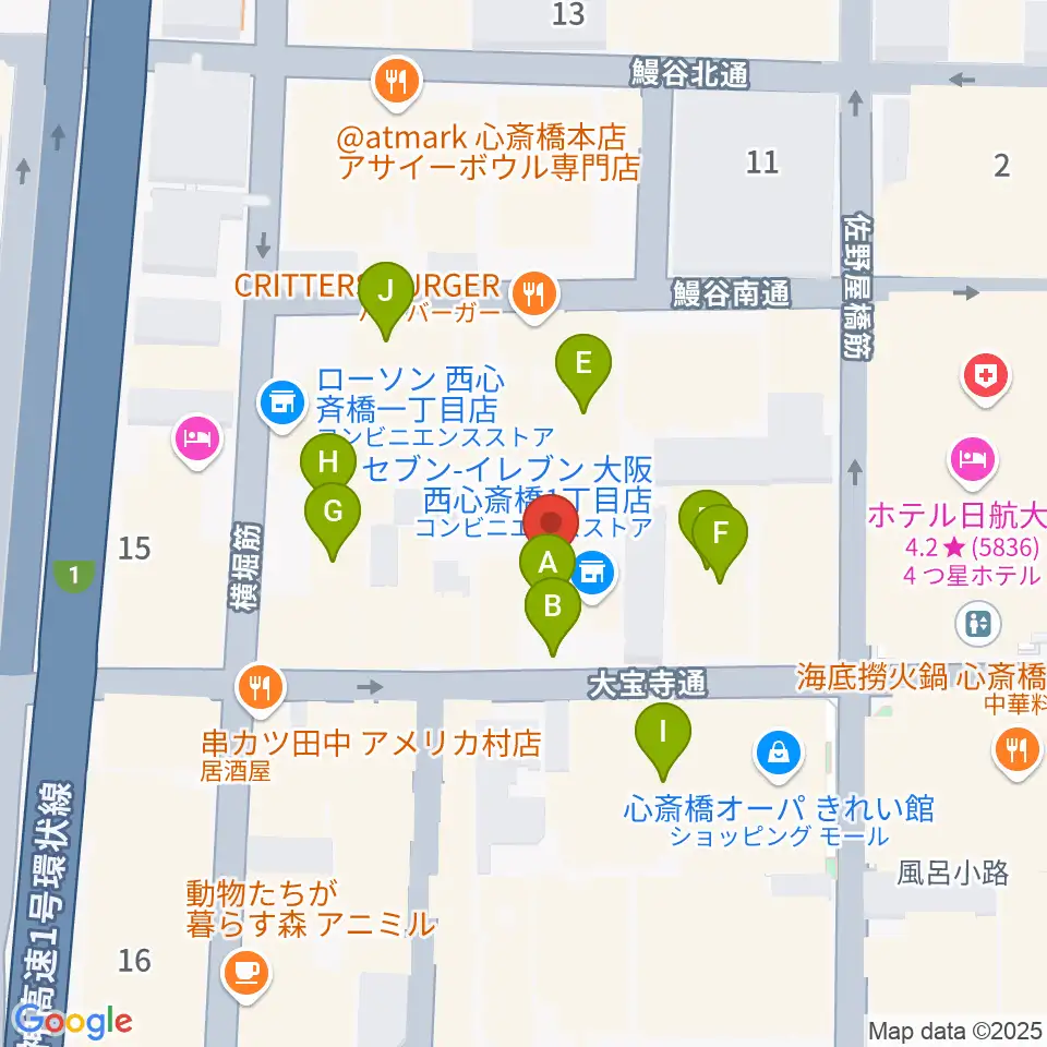 ジャパンギタースクール 心斎橋校周辺のホテル一覧地図