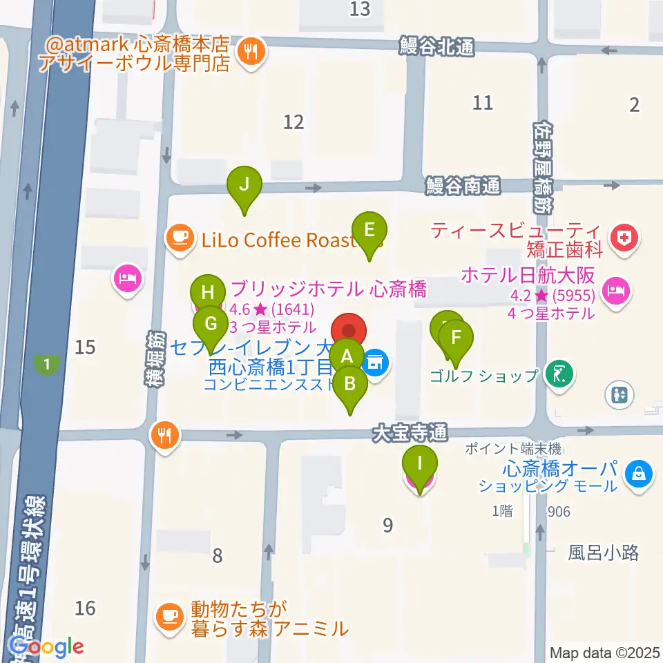 ジャパンギタースクール 心斎橋校周辺のホテル一覧地図