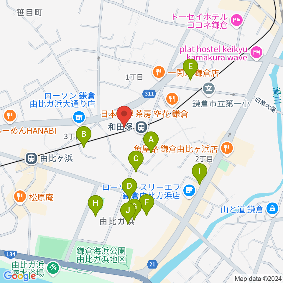 鎌倉アミ音楽教室周辺のホテル一覧地図