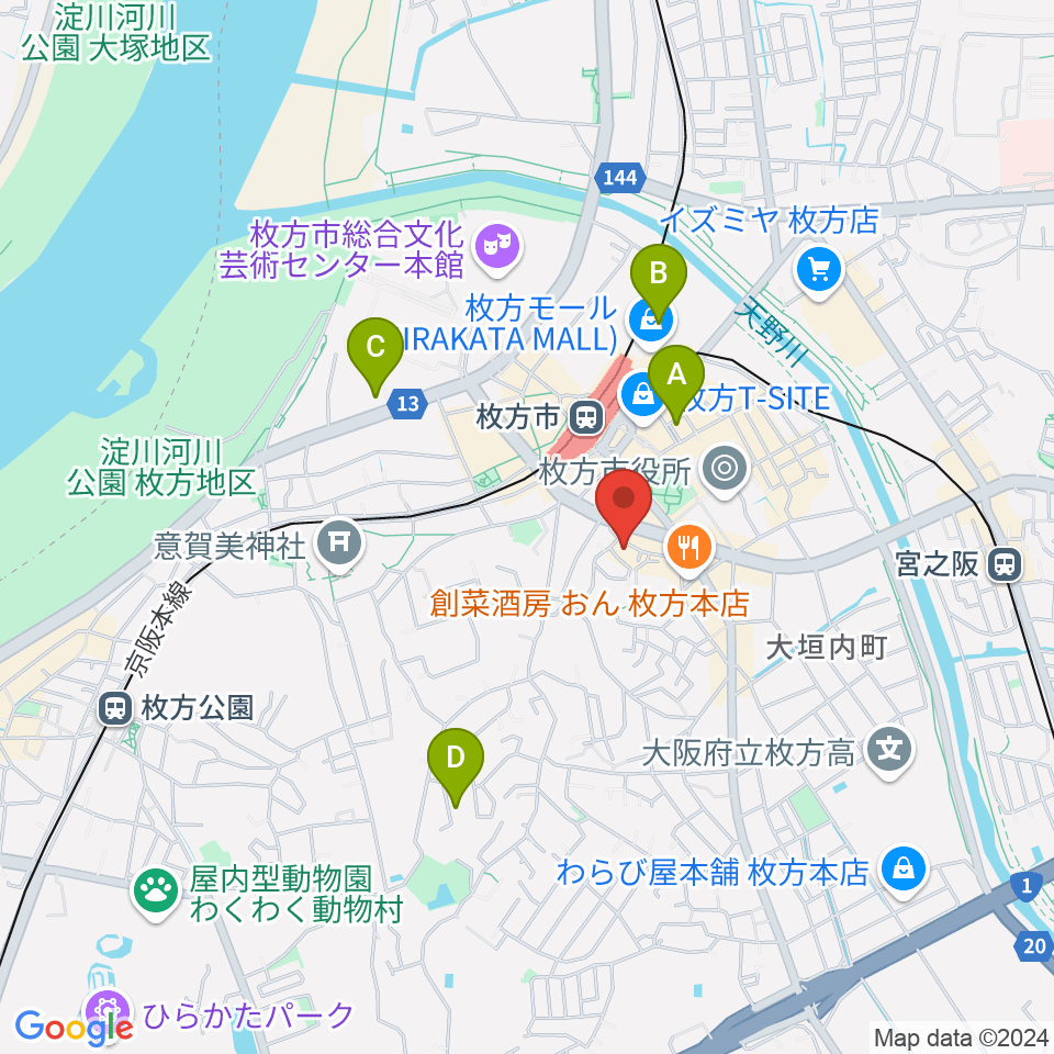 アズイズミュージック枚方店周辺のホテル一覧地図