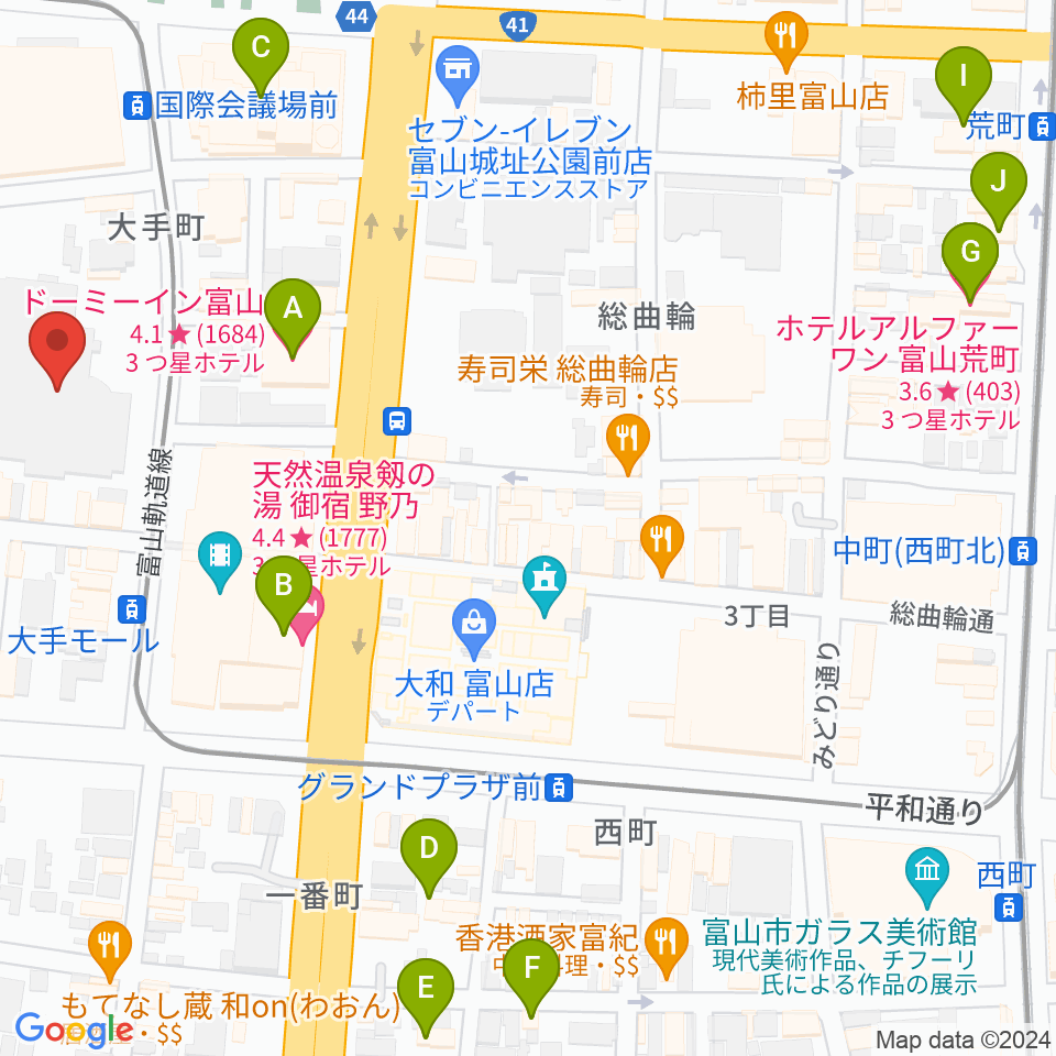 富山市民プラザ周辺のホテル一覧地図