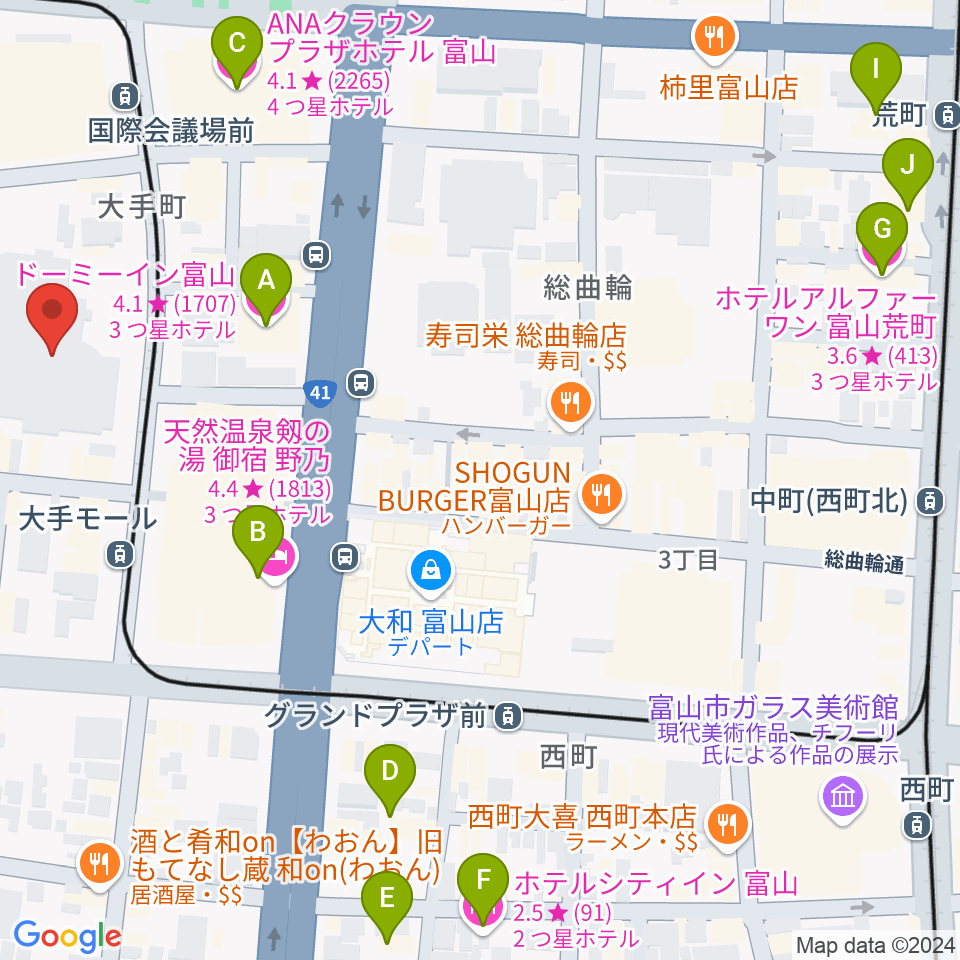 富山市民プラザ周辺のホテル一覧地図