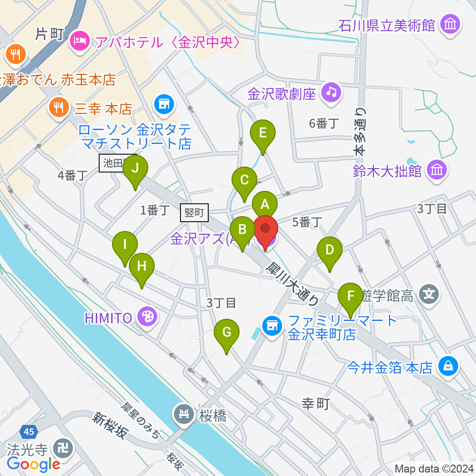 金沢AZ周辺のホテル一覧地図