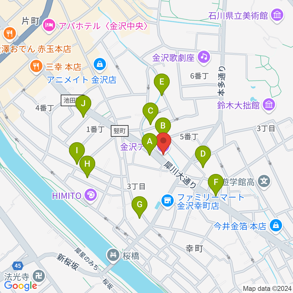 金沢AZ周辺のホテル一覧地図