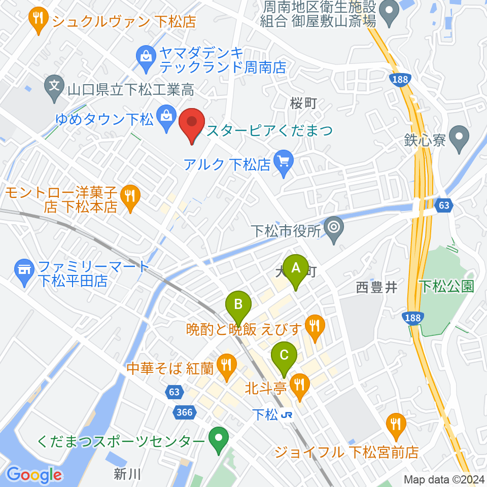 スターピアくだまつ 下松市文化会館周辺のホテル一覧地図