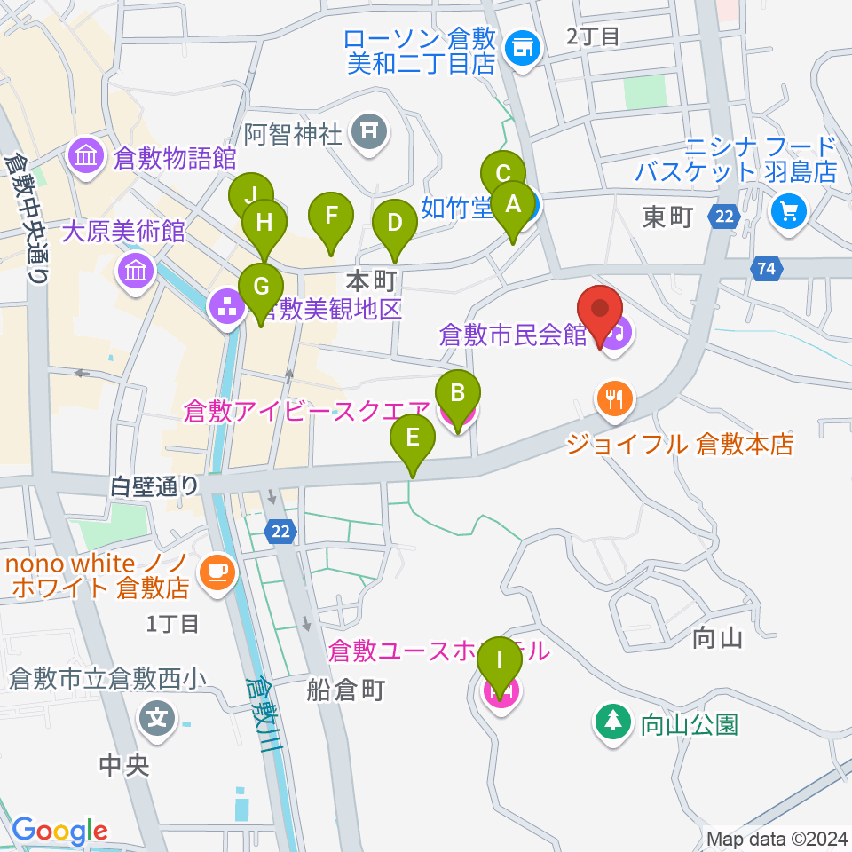 倉敷市民会館周辺のホテル一覧地図