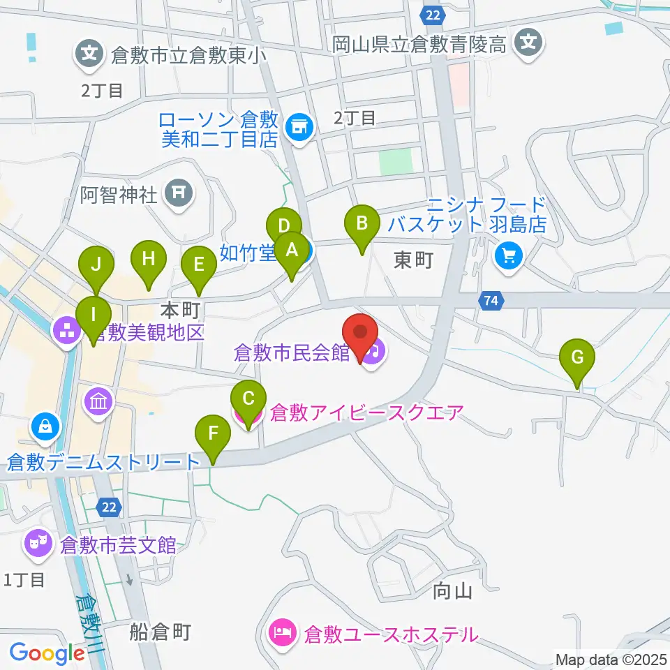 倉敷市民会館周辺のホテル一覧地図