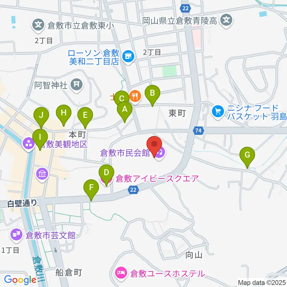 倉敷市民会館周辺のホテル一覧地図