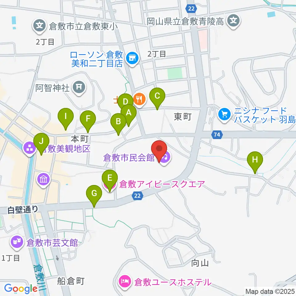 倉敷市民会館周辺のホテル一覧地図