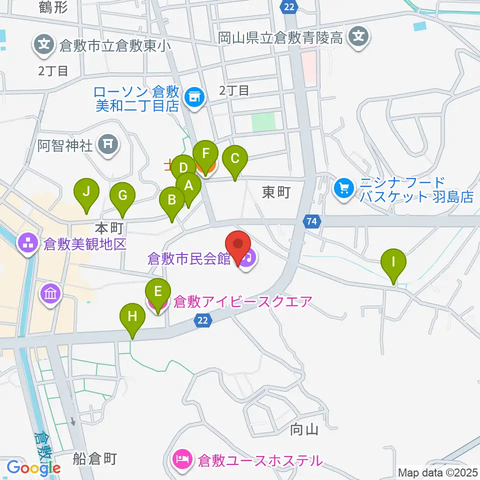 倉敷市民会館周辺のホテル一覧地図