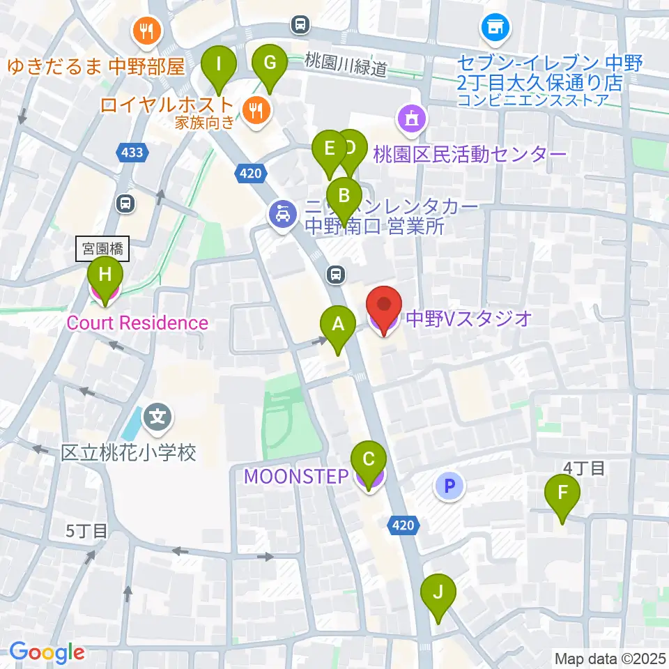 中野Vスタジオ周辺のホテル一覧地図