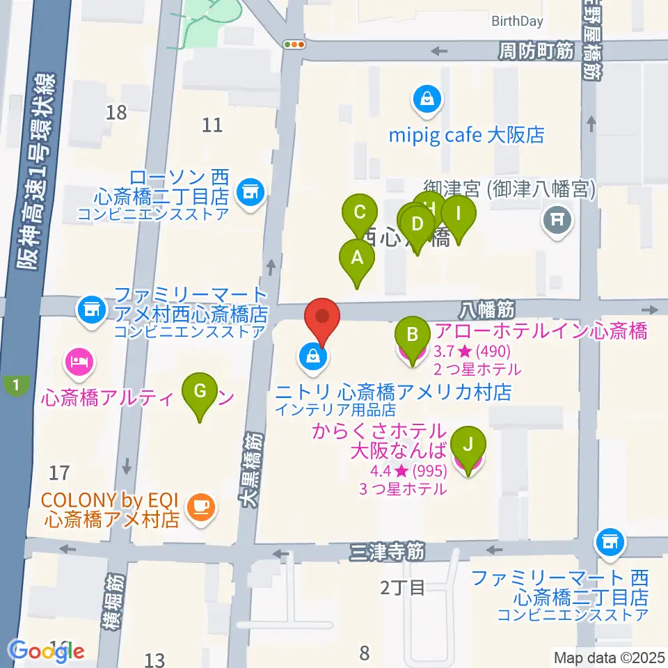 心斎橋SUNHALL周辺のホテル一覧地図