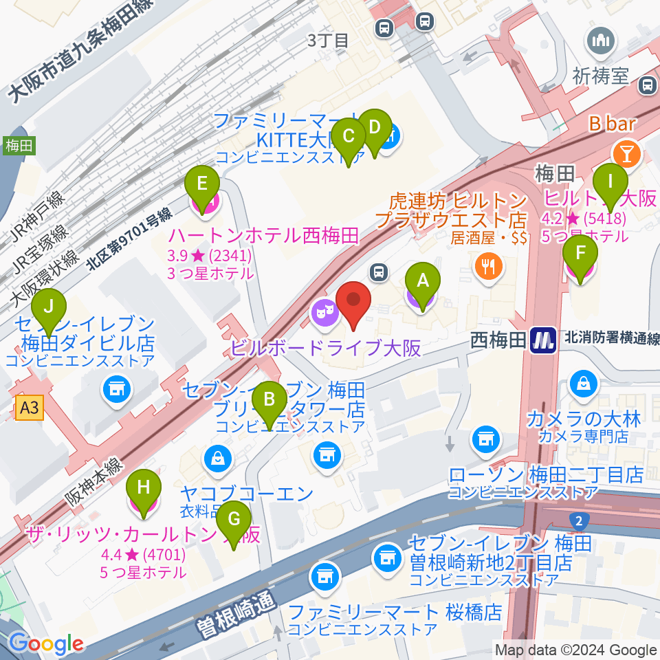 ビルボードライブ大阪周辺のホテル一覧地図